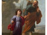 an image of a painting of a man carrying a child