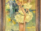 an oil painting of a woman in a yellow dress holding a tennis racquet