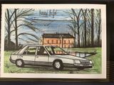 drawing of a car parked in front of a house with a house in the background