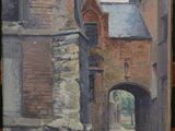 an oil painting of a building with a clock on top of it