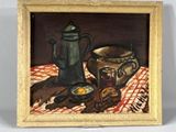 a picture of a painting of a tea pot and other items on a table