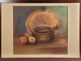 framed oil painting of a copper pot and two apples on a table
