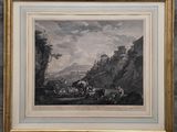 an old picture of a horse drawn carriage in a mountainous landscape