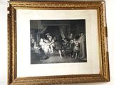 a framed picture of a painting of a family in a living room