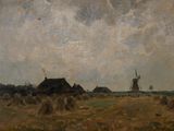 une image représentant un tableau d'un moulin à vent dans un champ