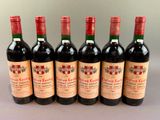 six bottles of red wine lined up in a row on a table
