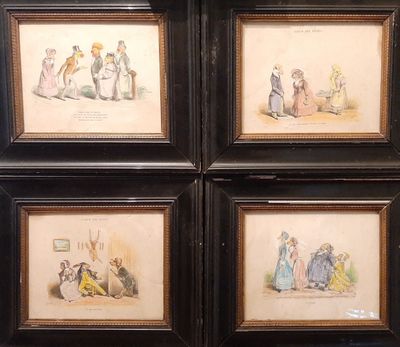 four framed pictures of people in various outfits in a room