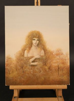 a painting of a woman with long hair standing in front of a easel