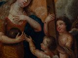 an image of a painting of a woman holding a cross with angels around her