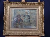 tableau représentant un homme et une femme assis sur une chaise devant un fond bleu