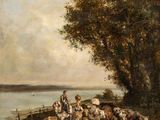 an image of a painting of a herd of cattle by a river