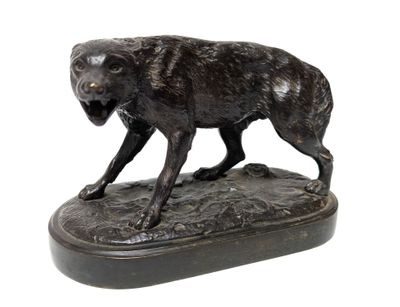 bronze statue of a dog on a wooden base on a white background