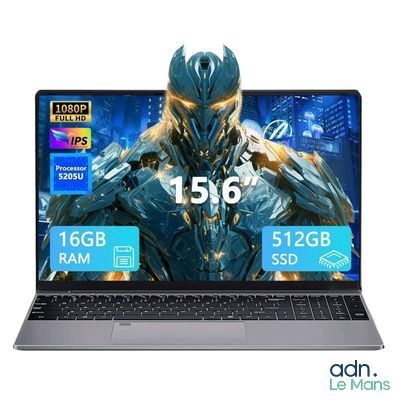 the laptop is open and has a picture of a robot on the screen