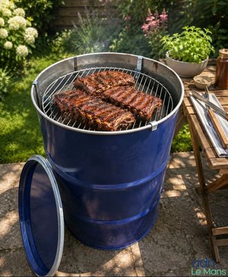un barbecue dans le jardin, sur lequel cuisent des côtes