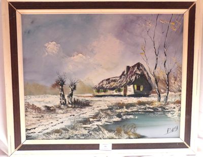 tableau représentant une maison dans un paysage enneigé avec un étang