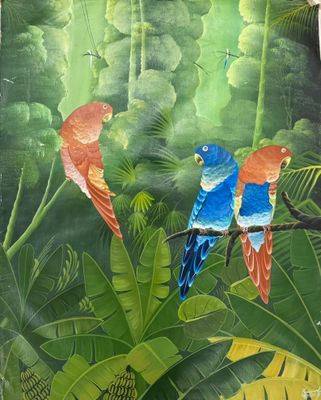deux oiseaux perchés sur une branche dans la jungle