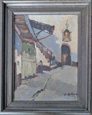 une peinture à l'huile représentant une scène de rue avec une tour horloge en arrière-plan