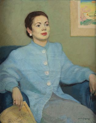 tableau représentant une femme assise dans un fauteuil bleu, un éventail à la main