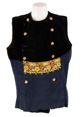 an image of a woman ' s black and blue top with gold buttons