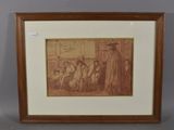 un vieux dessin représentant un groupe de personnes assises dans une pièce