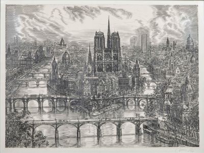 dessin représentant une vue d'une ville avec un pont enjambant une rivière