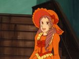 cartoon of a woman in a red hat and orange dress sitting on a stair