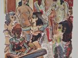 peinture d'un groupe de personnes assises autour d'une table dans une pièce