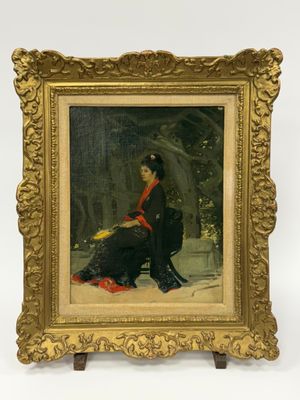 une image d'un tableau représentant une femme assise sur un banc