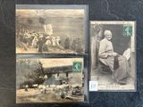 two old postcards of a man sitting in a chair with sheep