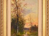 a painting of a landscape with trees and a river