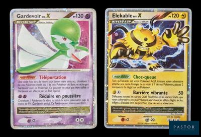 Deux cartes Pokémon sont représentées côte à côte sur un fond noir.