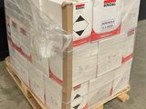 a pallet full of white boxes on a pallet in a warehouse