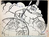 drawing of a cartoon of a man with a spear and shield on a globe