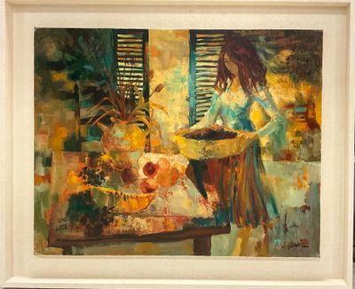 un tableau représentant une femme assise à une table devant un bol de fruits