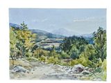 a watercolor painting of a view of the mountains