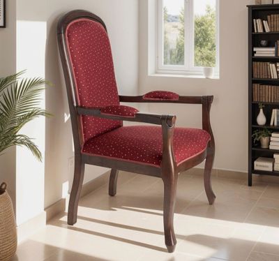 Fauteuil Voltaire, en tissu bordeaux moucheté beige, structu…