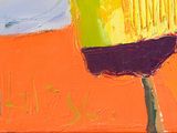 a painting of a brush and a flower on an orange background