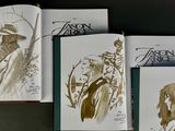 three books with a drawing of a man and a woman on them