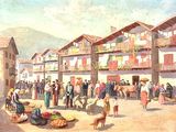 a painting of a street scene with people and animals