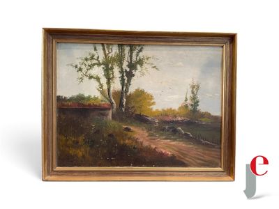 an image of a painting of a country road with sheep in the foreground