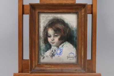 painting of a young girl in a white dress in a wooden frame