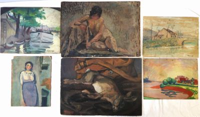 Plusieurs tableaux représentant une femme et un chien sont posés sur une table