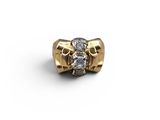 a close up of a gold and diamond ring on a white background