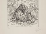 a black and white drawing of a man sitting on the ground