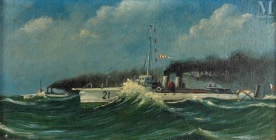une peinture à l'huile représentant un navire au milieu d'une vaste étendue d'eau