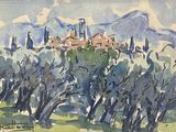 peinture représentant une aquarelle d'un château entouré d'arbres