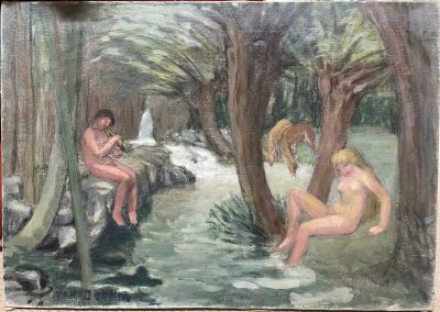 un tableau représentant un homme et une femme assis dans les bois