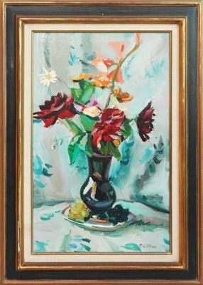 peinture d'un vase de fleurs sur une table à fond bleu