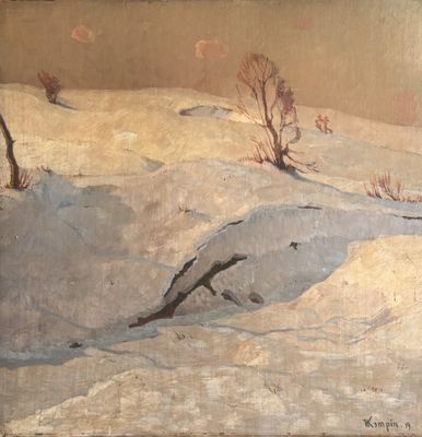 an image of a painting of a snowy landscape with trees in the distance