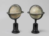 une paire de globes sur des socles, sur fond gris